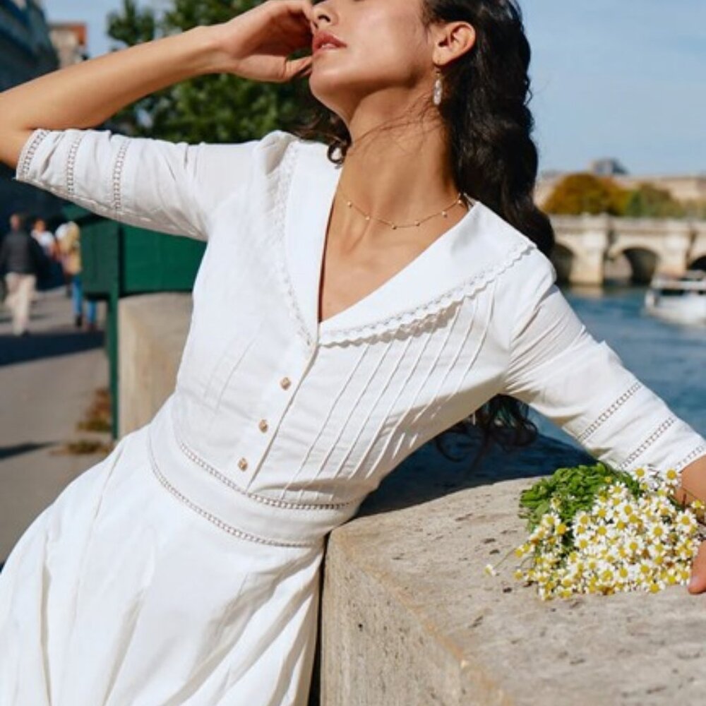 Simple Retro Fiona White Embroidered Cotton Midi Dress - NWT